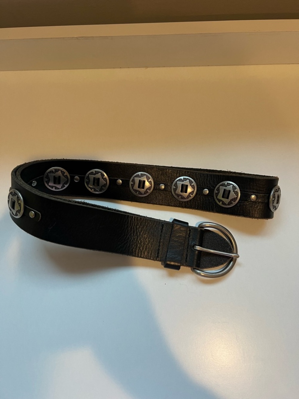 Black Studded Leather Belt with Silver Conchos